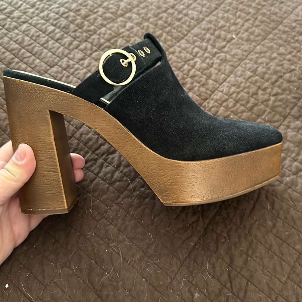 Black suede platform, mules, size 11